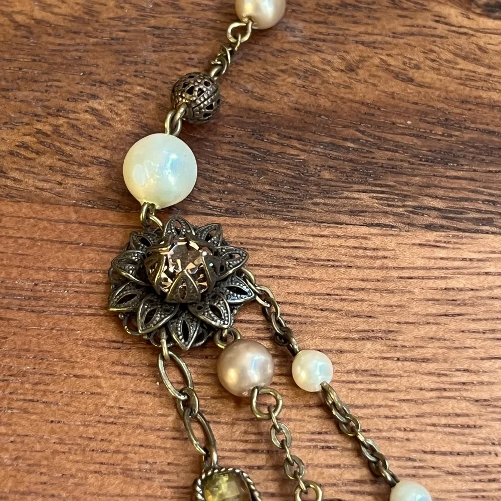 Vintage Opalite Pearl Layered Necklace Boho Romantic Filigree Floral Accent